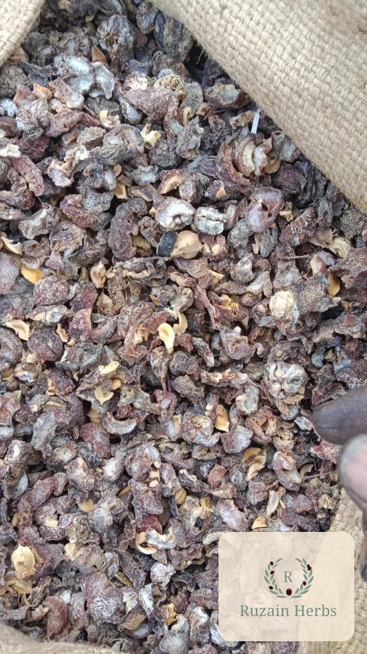 Close-up of cleaned dry herb fruit in a jute sack, ready for dispatch